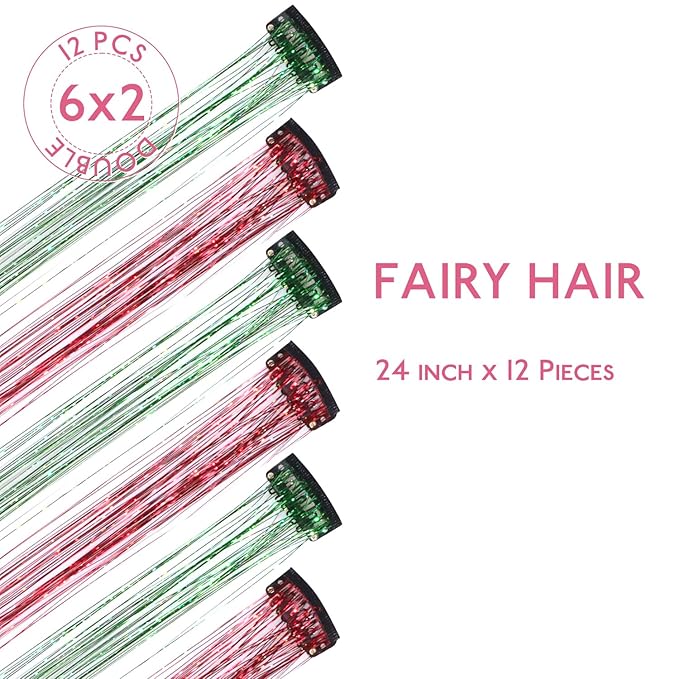 WENNALIFE Hair Tinsel Clip In for Girls Chrismas Kit, 12pcs 24 inch Clips Tinsel Hair Extensions Clip in Colorful Glitter Clips Fairy Hair Accessories for Kids