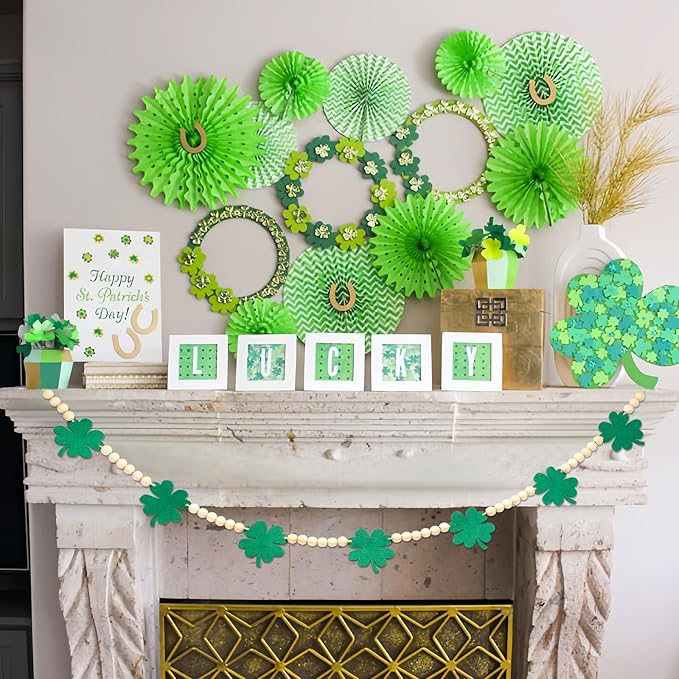 St. Patrick's Day Decorations, Felt Shamrocks Wood Bead Garland Banner for St. Patrick's Day Decor