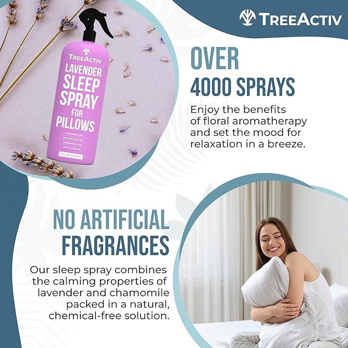 TreeActiv Lavender Pillow Spray for Sleep - 16 oz, Mist for Pillows and Bed, Witch Hazel Infused