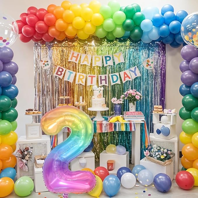 40'' 2 Balloon Number, Large Rainbow Foil Number 2 Balloons Birthday Party Decor, Mylar Self Inflating Multicolor Colorful Jelly Two Balloon for Girls 2nd Birthday Baby Shower Anniversary Decorations