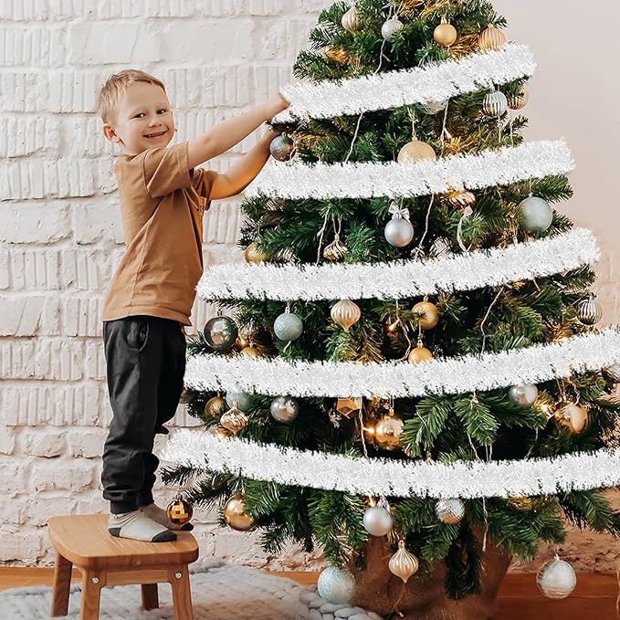 25 Feet Christmas Foil Fringe Banner Metallic Tassle Garland Metallic Backdrop Parade Floats Shiny Hanging Ceiling, Valentine's, Wedding, New Year Party Decorations(4" x 25', Macaron White)