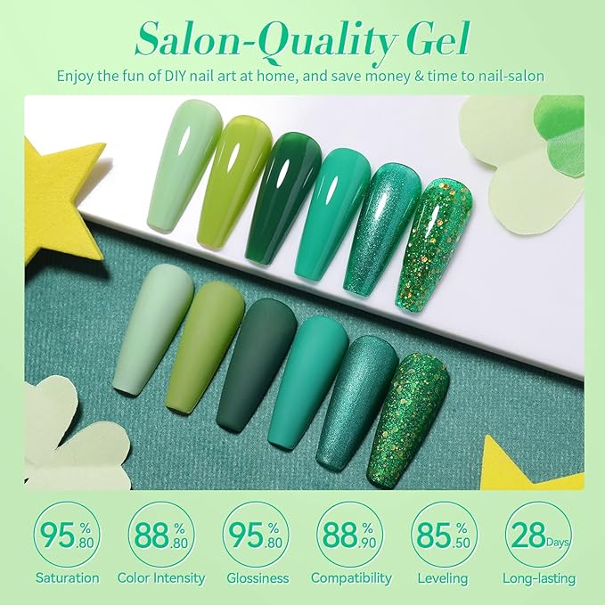 Born Pretty Green Gel Nail Polish, Christmas Carnival Evergreen Gel Nail Polish Set, Glitter Green Sparkle Gel Polish Nail Art Varnish Manicure Collection St. Patrick's Day 6PCS