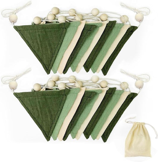 2 Sets of Sage Green Wood Beads Pennant Banner 20Pcs Flags Nursery Garland Olive Green Fabric Linen Triangle Streamers for Baby Room Decor Kids Jungle Safari Birthday Baby Shower Party Decorations