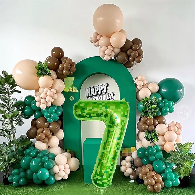 40 Inch Green Pixel Number 7 Balloon for Kids 7th Birthday Decorations, Large Dark Kelly Lime Green Self Inflating Foil Seven Balloon Number for Boys Birthday Video Game Patrick's Day Party Supplies