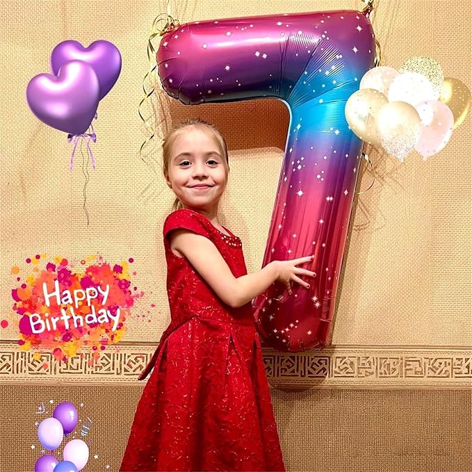 40'' Rainbow Number 7 Balloons, Giant Self Inflating Gradient Blue Pink Foil Number Balloons Set 0-9, Starry Digital 7 Helium Balloon for Girls 7th Birthday Party Decorations Anniversary Supplies