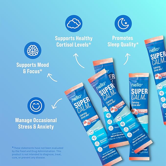 Supercalm Drink Mix - Ashwagandha KSM 66, Magnesium Glycinate & L-Theanine Supplement, Vitamin D3 - Ashwagandha Root Extract - Focus and Relaxation Support (20 Travel Packets) - Strawberries & Cream