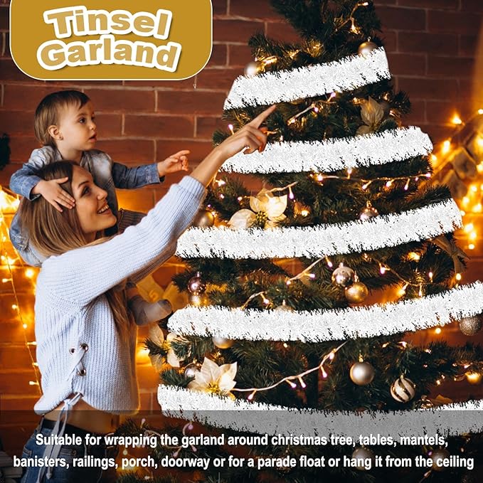 25 Feet Christmas Foil Fringe Banner Metallic Tassle Garland Metallic Backdrop Parade Floats Shiny Hanging Ceiling, Valentine's, Wedding, New Year Party Decorations(4" x 25', Macaron White)