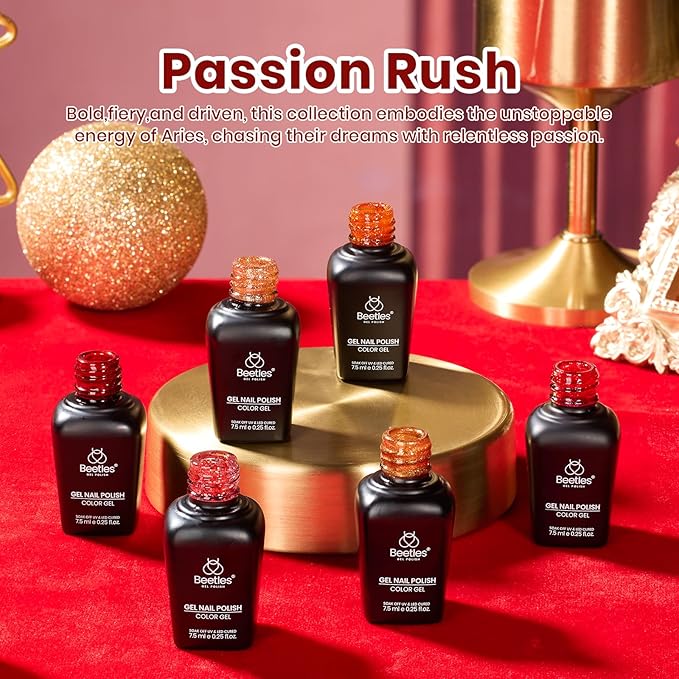 beetles Glitter Gel Polish Set, Passion Rush Collection Christmas Gel Nails, Red Orange Gold Gel Polish Shimmer Nails Art Soak off Uv LED Manicure Gift Set Nail Trend Gift for Women
