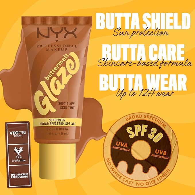 NYX PROFESSIONAL MAKEUP Buttermelt Glaze Soft Glow Skin Tint + SPF 30, Up To 12HR Wear, 05 Chai Butta