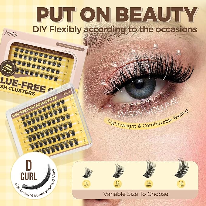PopUp Self Adhesive Eyelashes Clusters, Press On Lashes Pre Glued Eyelash Extension Kit with Lash Tweezer,10-16mm No Glue No Remover Needed Self Adhesive Lashes Clusters NM03