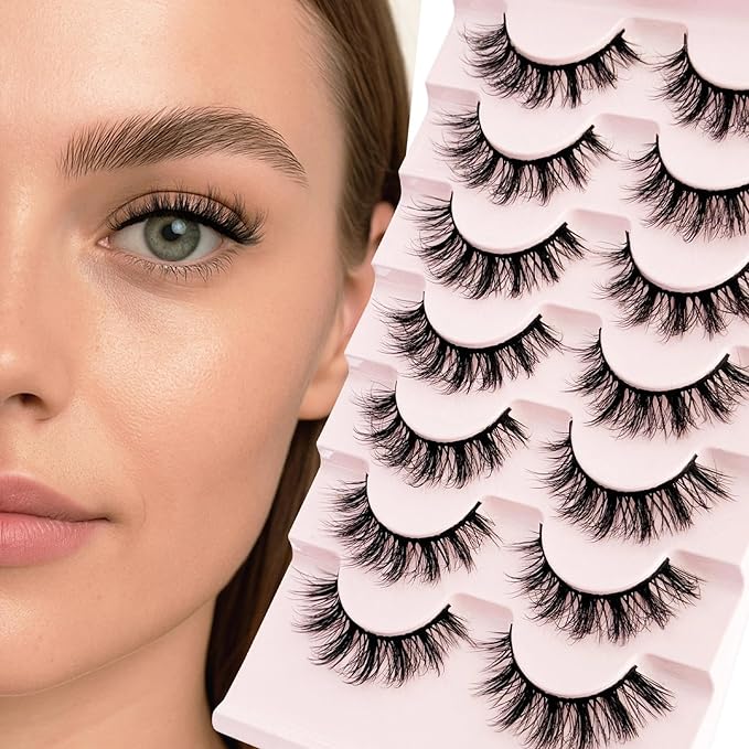 Short Lashes Natural Look Mink Lashes Fluffy Wispy Lashes 14mm Strips Russian D Curl NINGLASH False Eyelashes Cat Eye Lash that Look Like Extensions Fake Eyelash Faux 3D 7 Pairs Lash Pack