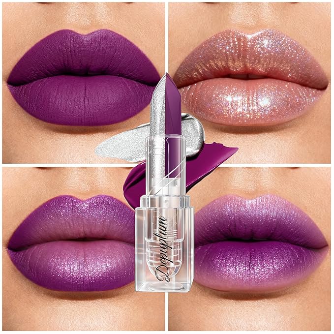 2 in 1 Matte Purple Lipstick Glitter Silver Lipstick Dual Sided Waterproof Lipsticks for Women One Stroke Two-Tone Long Lasting Lip Stick for Christmas Halloween, DU-M8