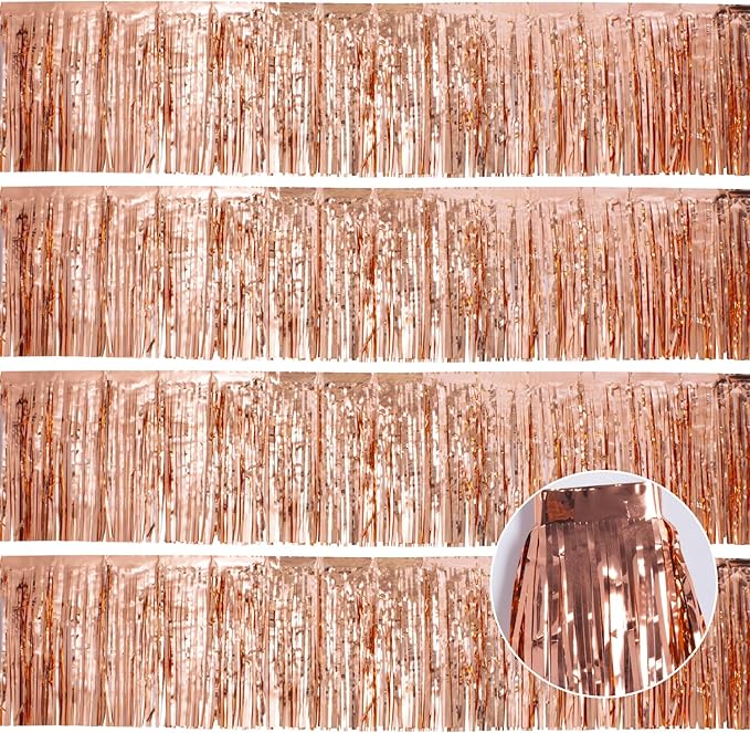 4Packs 12ft Rose Gold Tinsel Party Banner Garlands Disposable Table Skirts Wall Hanging Streamers Curtains Backdrop Party Decorations Photo Booth Props for Parade Floats Birthday Celebration