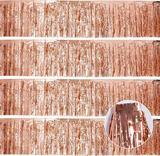 4Packs 12ft Rose Gold Tinsel Party Banner Garlands Disposable Table Skirts Wall Hanging Streamers Curtains Backdrop Party Decorations Photo Booth Props for Parade Floats Birthday Celebration