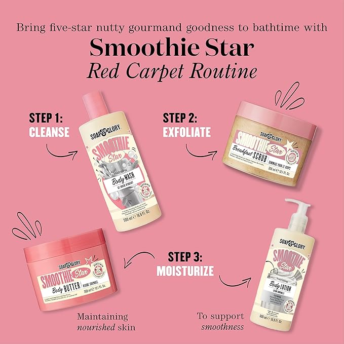 Soap & Glory Smoothie Star Moisturizing Body Lotion - Non-Greasy Vegan Body Moisturizer with Skin-Softening Cocoa Butter & Coconut Oil - Almond & Vanilla Scented Lotion (500ml)