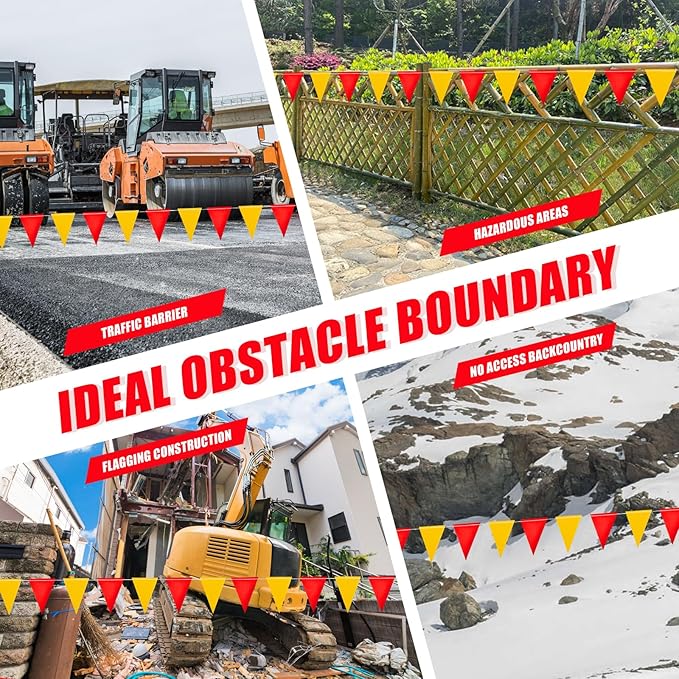 Safety Warning Pennant Banner Flags – Multipurpose OSHA High Visibility Colored Triangle Flags for Roadwork, Party and Hazard Areas(RED+YELLOW,45pcs,105FT)