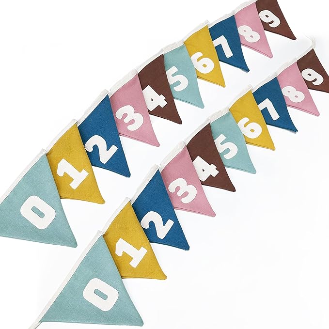 2 Sets of Retro Colored Pennant Banner 20Pcs Nursery Garland Flags Numbers 0-9 Fabric Linen Triangle Streamers for Kids Birthday Baby Shower Party Decorations Classroom Baby Room Math Learning Decor