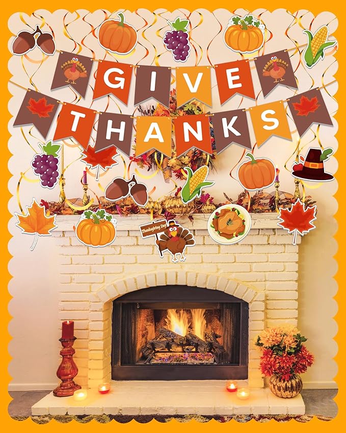 45 Pcs Thanksgiving Decorations, GIVE THANKS Banner with Hanging Swirls for Indoor Wall, Friendsgiving Decorations for Party Office Home Classroom