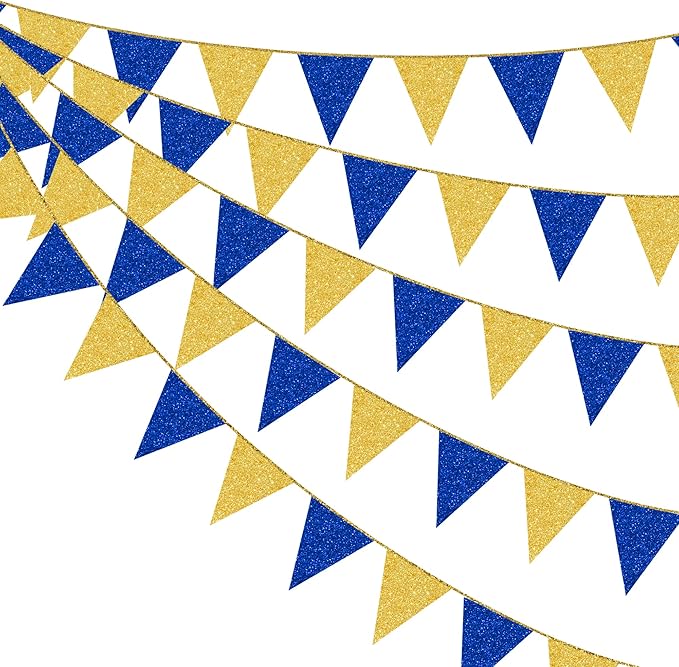 Royal Blue Gold Party Decorations Pennant Banner Flag Glitter Navy Blue and Gold Triangle Hanging Bunting for Birthday Graduation Bridal Shower Wedding Bachelorette Nautical Ahoy Achor Party Supplies