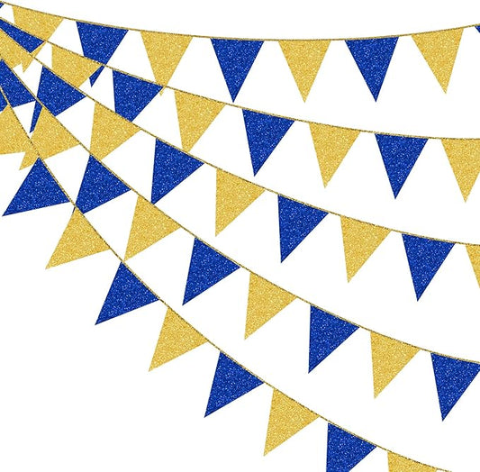 Royal Blue Gold Party Decorations Pennant Banner Flag Glitter Navy Blue and Gold Triangle Hanging Bunting for Birthday Graduation Bridal Shower Wedding Bachelorette Nautical Ahoy Achor Party Supplies