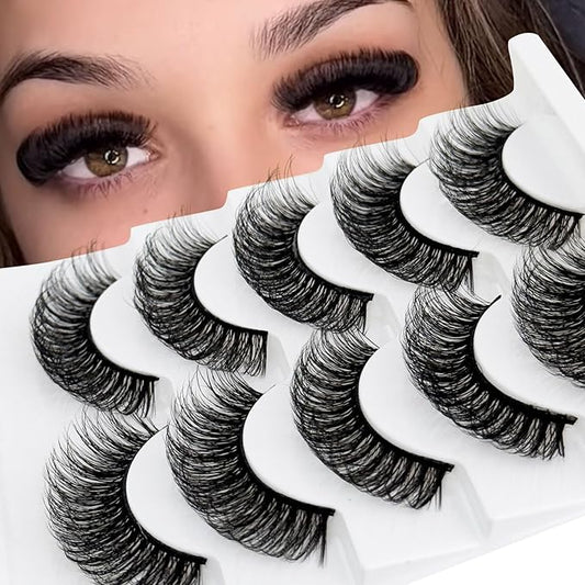 Short Thick Lashes Natural Look D Curl Eyelashes that Look Like Extensions 5 Pair Fluffy Mink Wispy Cat Eye Strip False Volume Lash Pack 8-14mm Full Mega Double Stacked Eyelash Small Fake Lashes