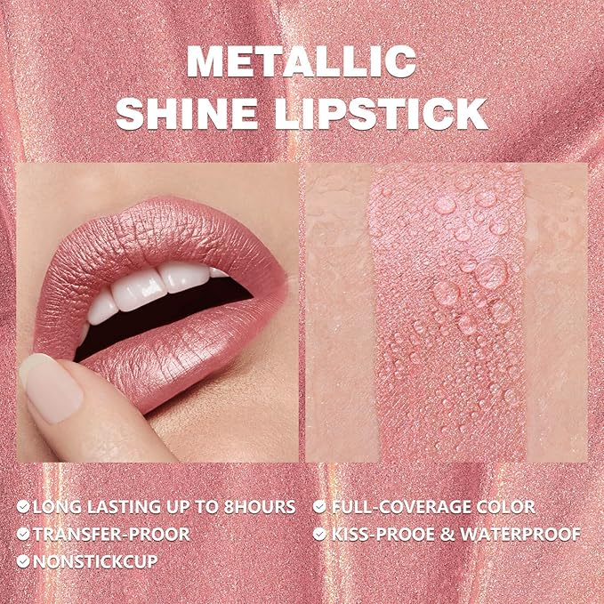 Nude Pink Metallic Liquid Lipstick – Long Wear Waterproof Lip Gloss with High Pigment, Smudge-Proof, Non-Sticky, Lightweight Lip Makeup for Party, Stage & Daily Wear (Glow Time)