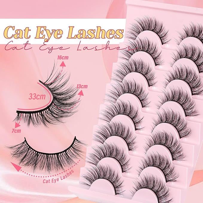 Ahrikiss Lashes Wispy False Eyelashes Natural Look Cat Eye Lashes 8 Pairs Faux Mink Lashes Fluffy Fake Eyelashes Lightweight Soft Strip Lashes (Ethereal Only)