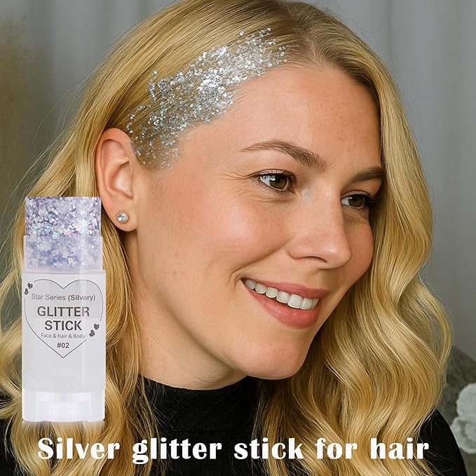 Silver Hair Glitter Stick, Chunky Sequins Body Face Glitter for Kids,Rave Music Festival Singer Concert Outfits for Women,Waterproof Shimmer Accessories for Parties & Events