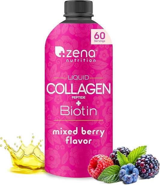 Zena Nutrition Liquid Collagen Peptides (Type 1 & 2) & 5000mcg Biotin, 2500mg Verisol Bioactive Collagen Peptides, Hair, Skin, Nail Supplement for Women & Men, Mixed Berry, 60 Servings, 20.3 fl oz