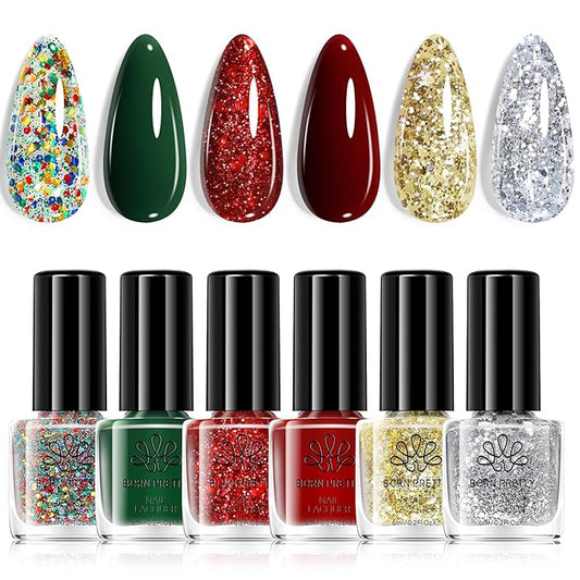 Born Pretty Christmas Nail Polish Set,6 Colors Red Green Sparkle Glitter Gold Silver Quick Dry Nail Polish Christmas Fast Drying Fingernail Lacquer Nail Art Design Manicure Salon DIY Home