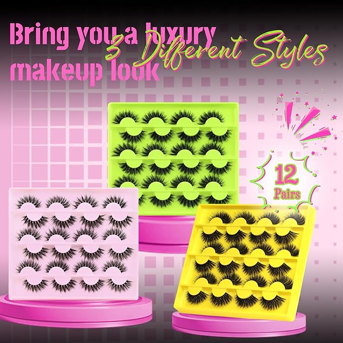 Veleasha Lashes False Eyelashes Fluffy D Curl Lashes 12 Pairs Cat Eye 5D Luxurious Volume Fake Eyelashes (Dopamine Green)