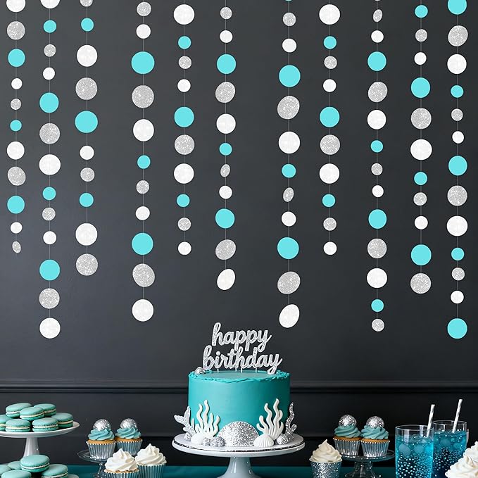 Teal Blue Silver White Party Polka Dot Garland Banner Aqua Turquoise Glitter Silver White Hanging Paper Circle Dots Streamer for Birthday Baby Shower Wedding Bridal Shower Party Decorations Supplies