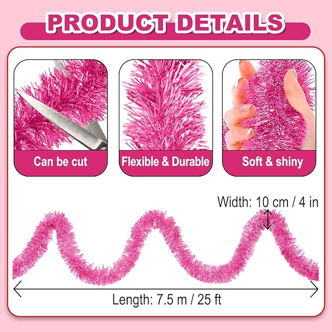 25 Feet Christmas Foil Fringe Banner Metallic Tassle Garland Metallic Backdrop Parade Floats Shiny Hanging Ceiling, Valentine's, Wedding, New Year Party Decorations(4" x 25', Pink)
