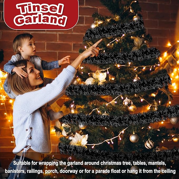 25 Feet Christmas Foil Fringe Banner Metallic Tassle Garland Metallic Backdrop Parade Floats Shiny Hanging Ceiling, Valentine's, Wedding, New Year Party Decorations(4" x 25', Black)