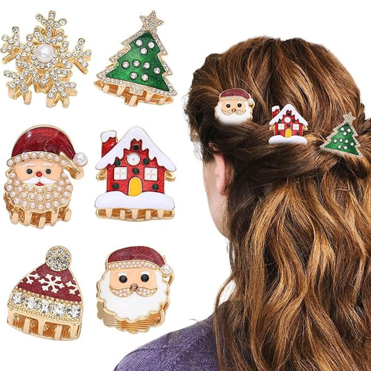 6 Pcs Christmas Hair Claw Clips Santa Claus、Xmas Tree、House、Hat and Snowflake Design Small Claw Clip Christmas Mini Hair Clips for Women Girls Hair Accessories
