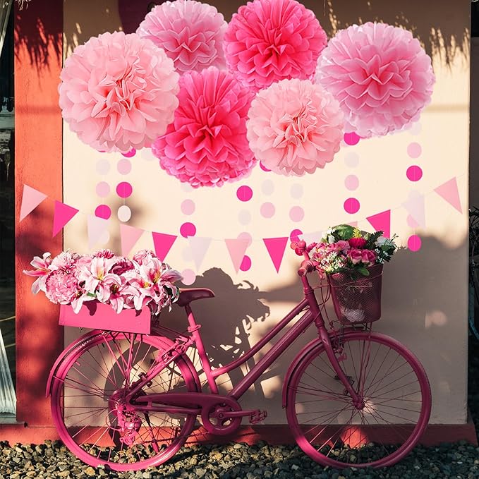 Rose Hot Pink Party Decorations - 23pcs Girl Birthday Baby Shower Tissue Pom Poms Streamers, Bachelorette Bridal Wedding Engagement Supplies Tassel Garland Banner, Favors Decor Ouruola