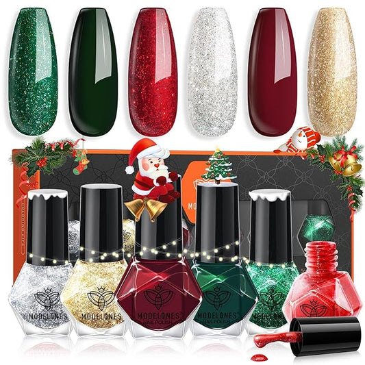 modelones Nail Polish Set 6 Colors Red Green Glitter Mini Nail polish Set Gold Silver Nail Polish Kit Quick Dry Manicure Nail Art Manicure DIY Home Salon Gift for Women Mom