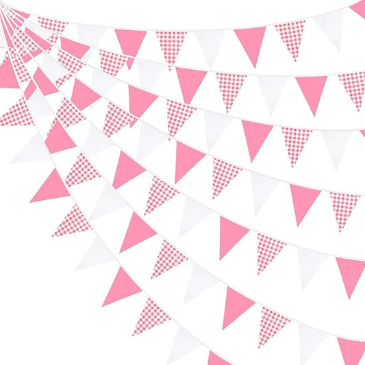 32Ft Hot Pink Plaid Checkered Pennant Banner Fabric Gingham Triangle Flag Bunting Garland Streamers for Wedding Birthday Baby Shower Party Home Nursery Outdoor Garden Hanging Festivals Decoration