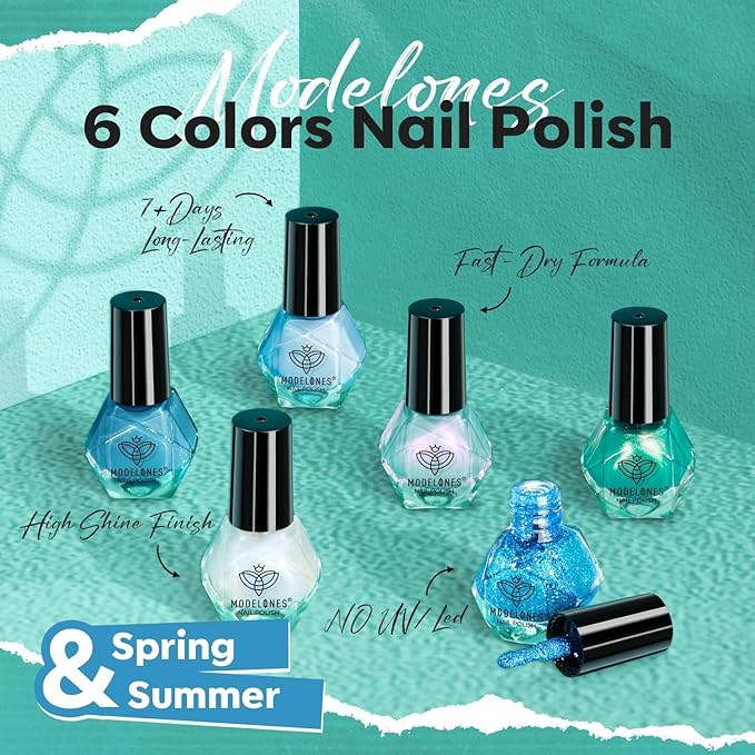 modelones Blue Nail Polish Set, 6 Colors White Green Glitter Pearl Mermaid Quick Dry Mini Starter Kit, Long Lasting Art DIY Manicure Set at Home for Women Girls