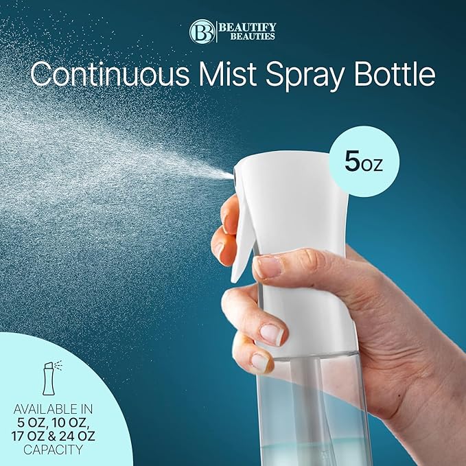 BeautifyBeauties Hair Spray Bottle – Ultra Fine Continuous Water Mister for Hairstyling, Cleaning, Plants, Misting & Skin Care (White, 6.8 Ounces)