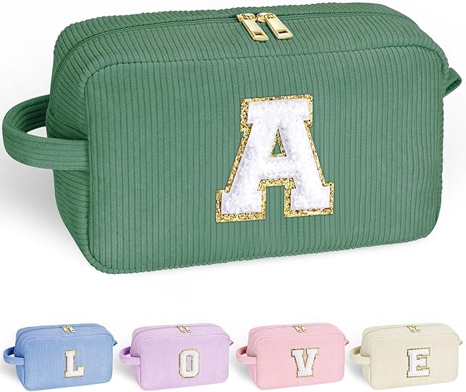 YOOLIFE Green Corduroy Cosmetic Bag - Personalized Initial Monogram Makeup Travel Bag for Women