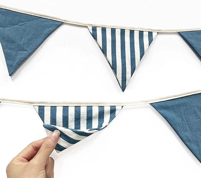 2 Sets Blue Pennant Banner Flags 24Pcs Blue Plaid Striped Nursery Garland Linen Fabric Triangle Streamers for Baby Playroom Decor Boys Nautical Checkered Birthday Baby Shower Party Decorations
