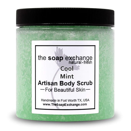 The Soap Exchange Sugar Body Scrub - Cool Mint Scent - Hand Crafted 8 fl oz / 240 ml Natural Artisan Skin Care, Shea Butter, Exfoliate, Moisturize, & Protect. Made in the USA.