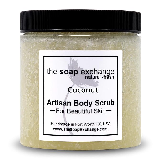 The Soap Exchange Sugar Body Scrub - Coconut Scent - Hand Crafted 16 fl oz / 480 ml Natural Artisan Skin Care, Shea Butter, Exfoliate, Moisturize, & Protect. Made in the USA.