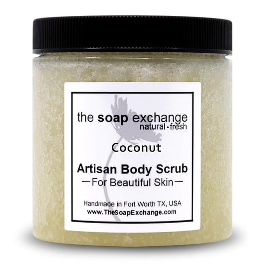 The Soap Exchange Sugar Body Scrub - Coconut Scent - Hand Crafted 16 fl oz / 480 ml Natural Artisan Skin Care, Shea Butter, Exfoliate, Moisturize, & Protect. Made in the USA.