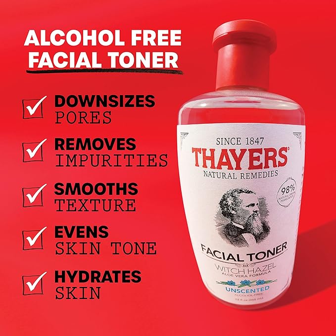 THAYERS Alcohol-Free, Hydrating, Unscented Witch Hazel Facial Toner with Aloe Vera Formula, Vegan, Dermatologist Tested and Recommended, 8.5 Oz (Pack of 2)