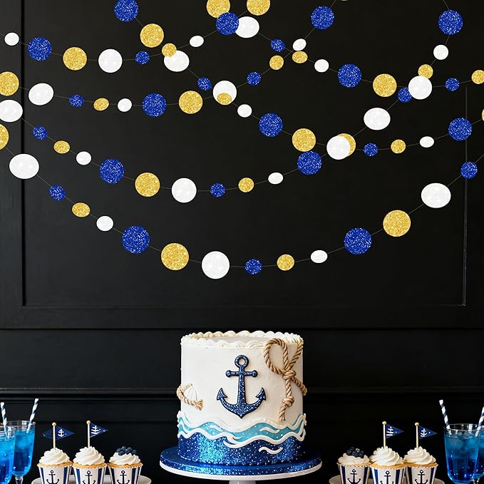 Royal Blue Gold White Party Polka Dot Garland Dark Blue Glitter Gold White Hanging Paper Circle Dots Streamer for Birthday Graduation Baby Shower Wedding Retirement Nautical Party Decorations Supplies