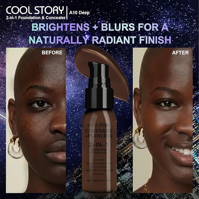 2-in-1 Foundation and Concealer Long Wear Natural Matte Finish Lightweight Coverage (Deep)