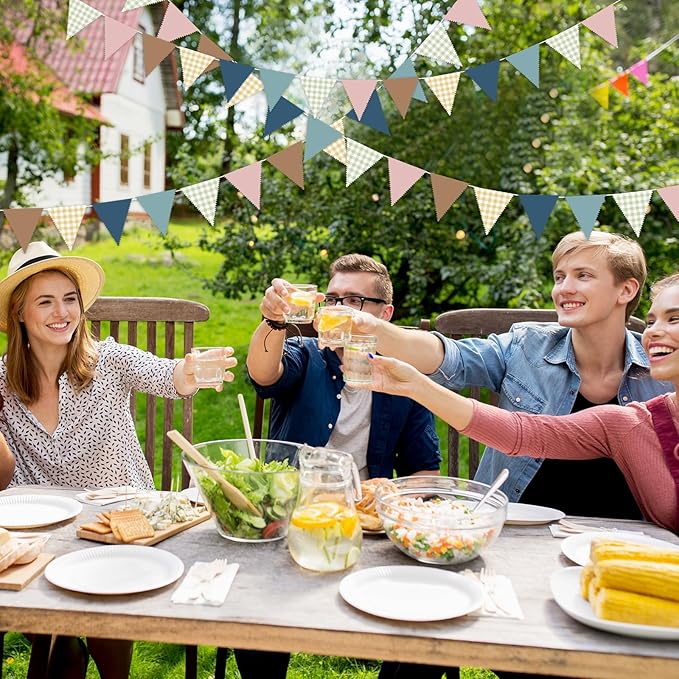 33 Ft Gingham Hanging Banner Decoration Boho Pennant Plaid Triangle Flag Fabric Bunting Garland for Birthday Wedding Baby Shower Party Supplies