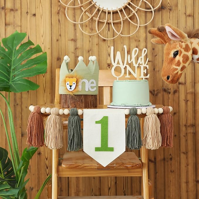 Wild One 1st Highchair Banner Wood Bead Tassel Garland Lion Crown Hat Wooden Cake Topper Birthday Party Decorations
